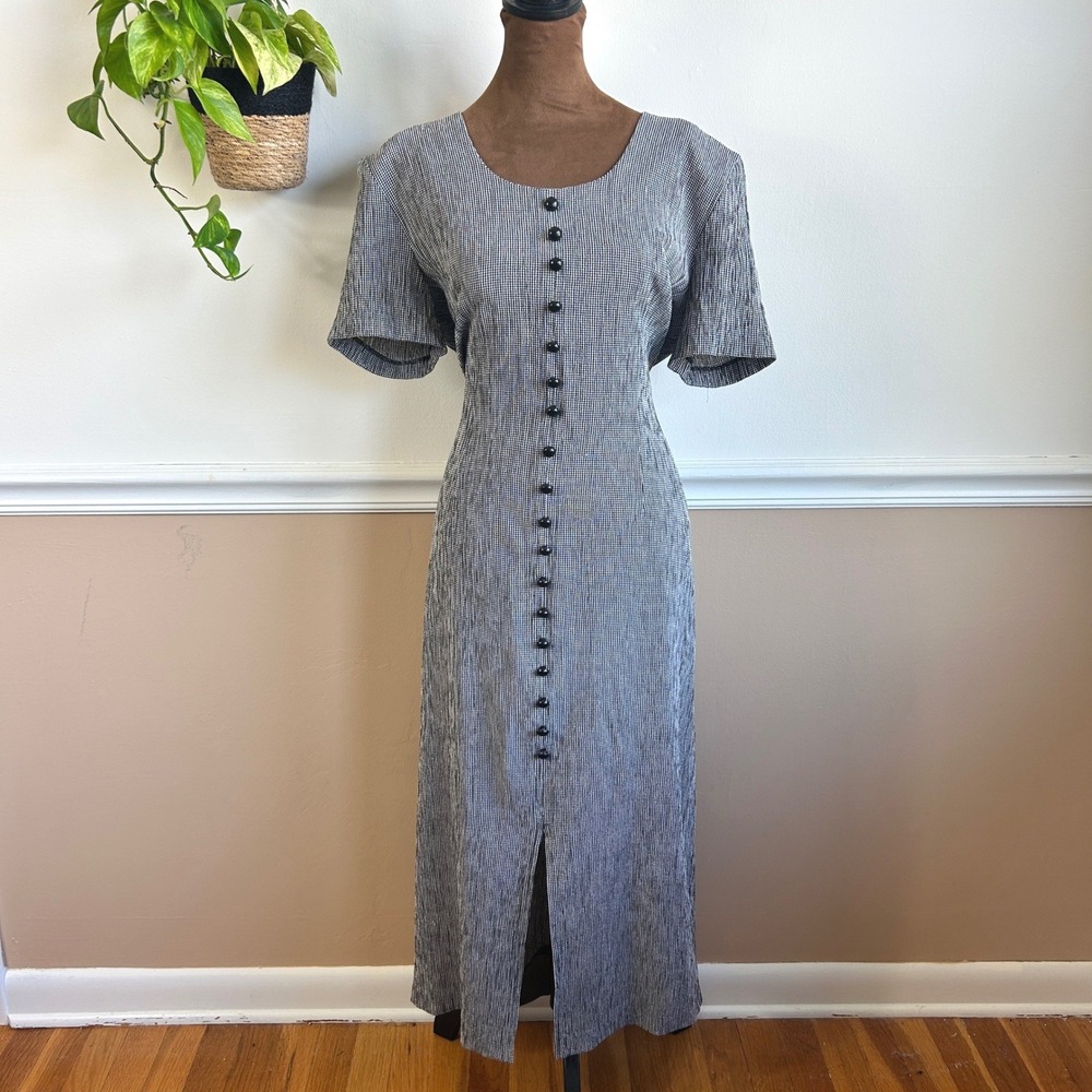 Vintage Betsy Lauren Gingham Maxi Dress Black White Button Front Size 13/14
